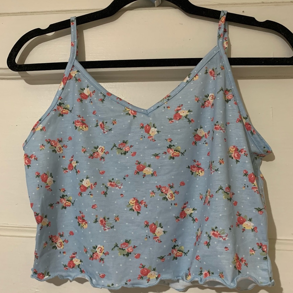 Blue Ditsy Floral Print Lettuce-Edge Cropped Cami Top NWOT
